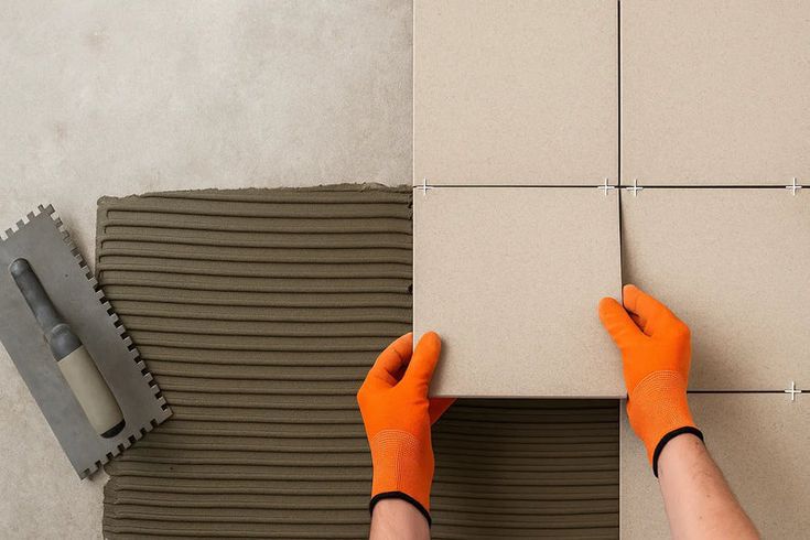 Contractor installing tiles with adhesive on site.